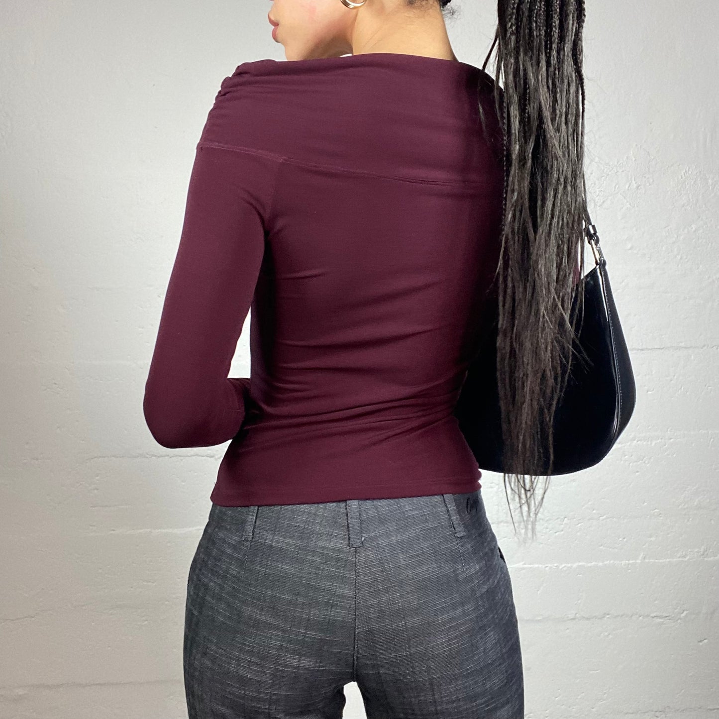 Vintage 2000's Downtown Girl Garnet Longsleeve Top with Drapped Neckline and Sequins Butterfly Detail (S)