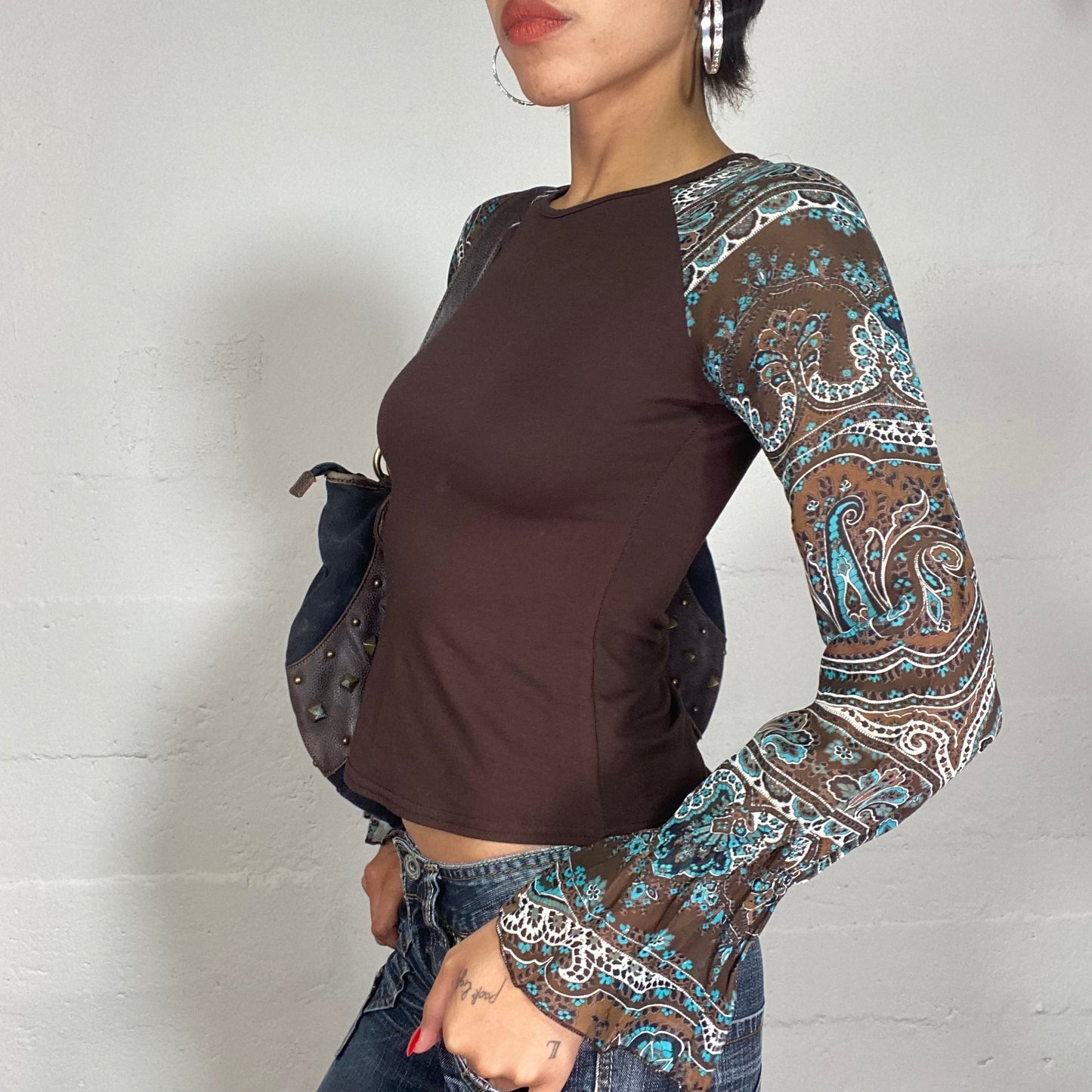 Vintage 90's Boho Brown Longsleeve Top with Blue Print Sleeves (S/M)