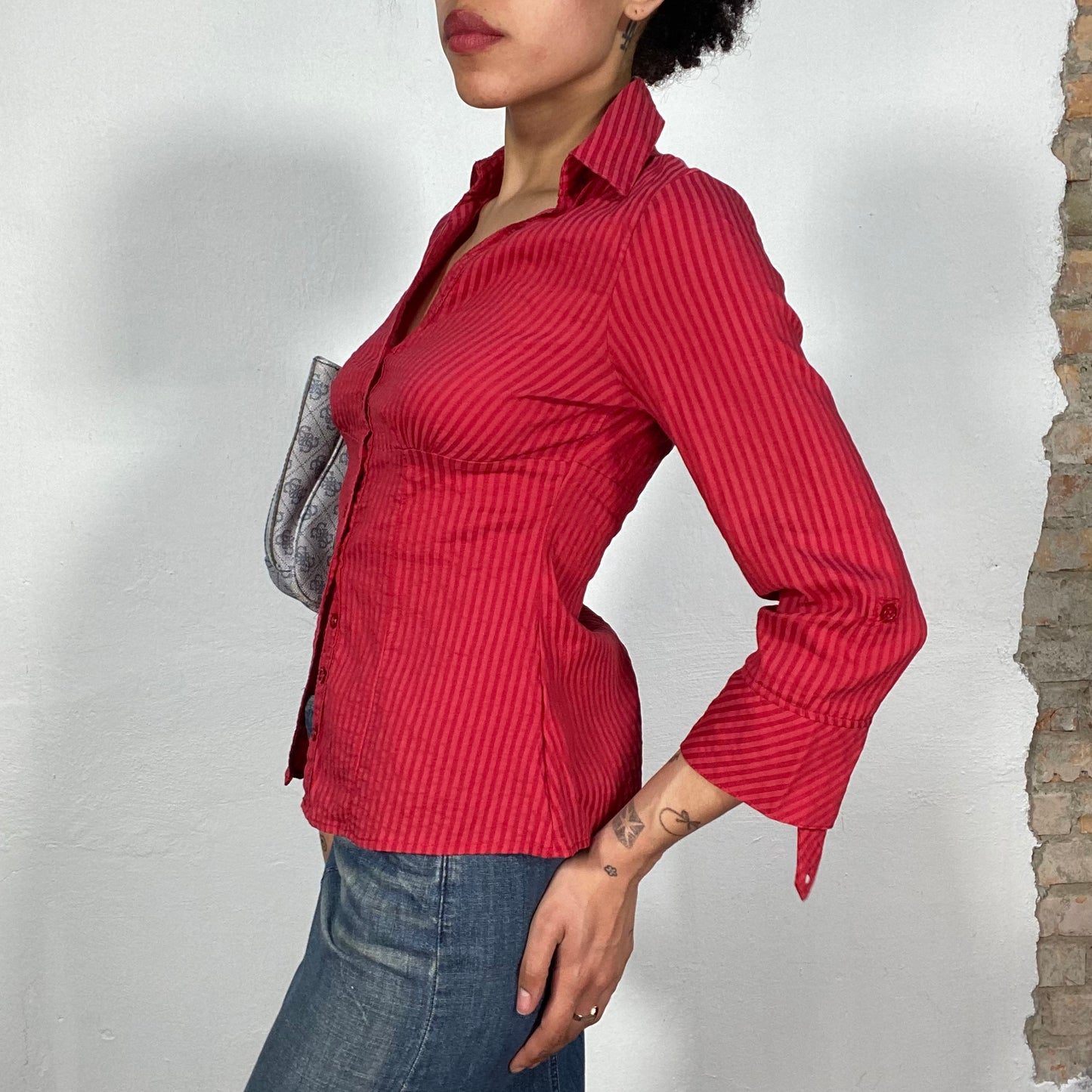 Vintage 90's Downtown Girl Red Striped Button Up Bluse (S/M)