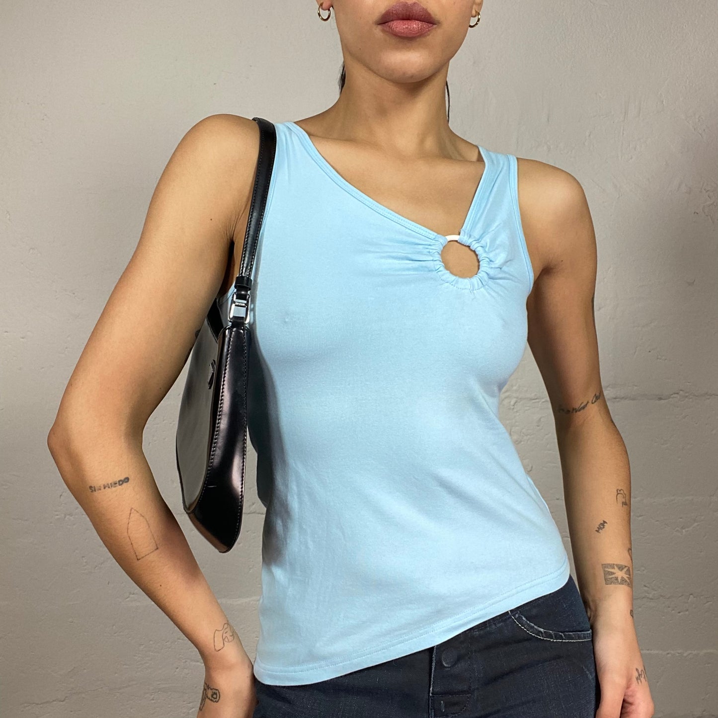 Vintage 90's Janice Baby Blue Asymmetric Neckline Top with Ring Detail (S)