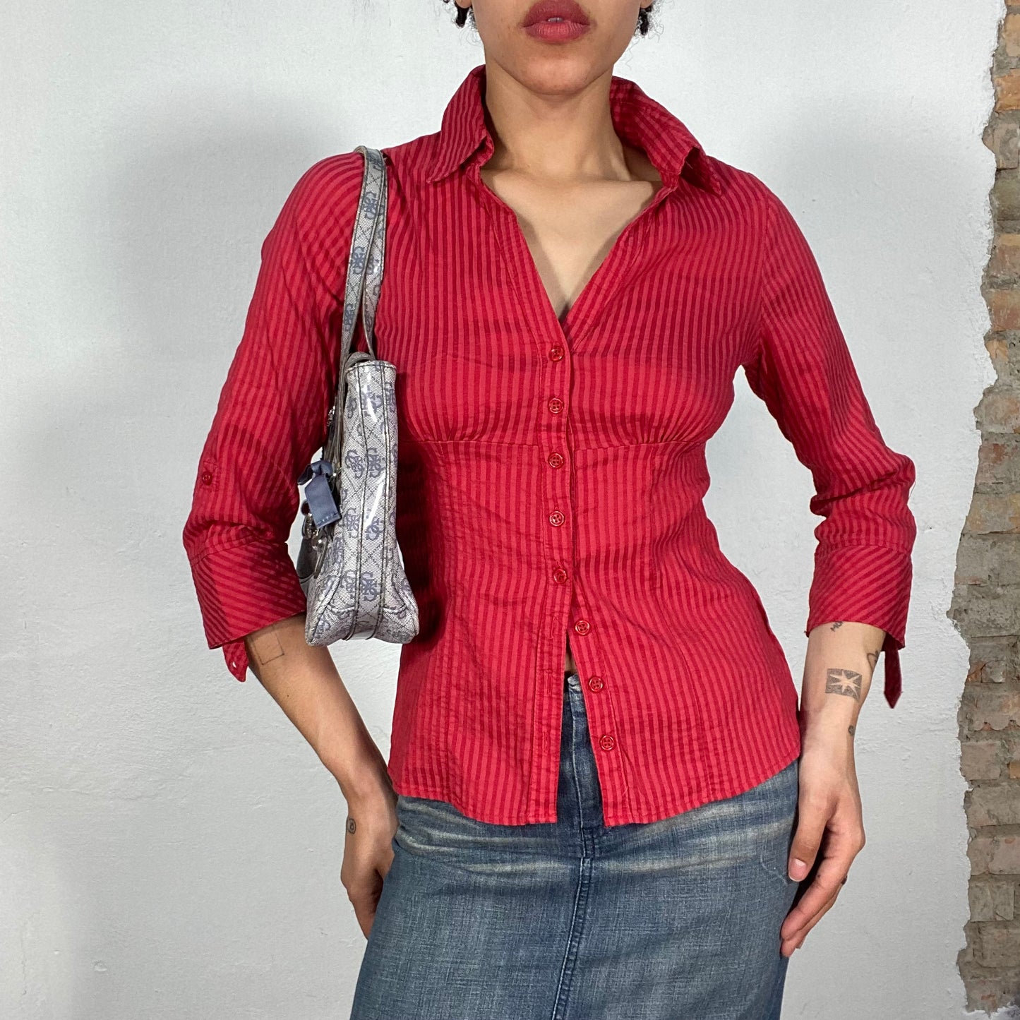 Vintage 90's Downtown Girl Red Striped Button Up Bluse (S/M)