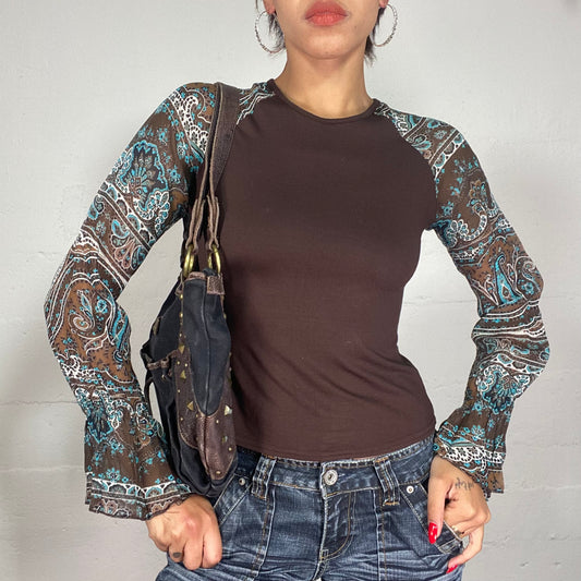 Vintage 90's Boho Brown Longsleeve Top with Blue Print Sleeves (S/M)