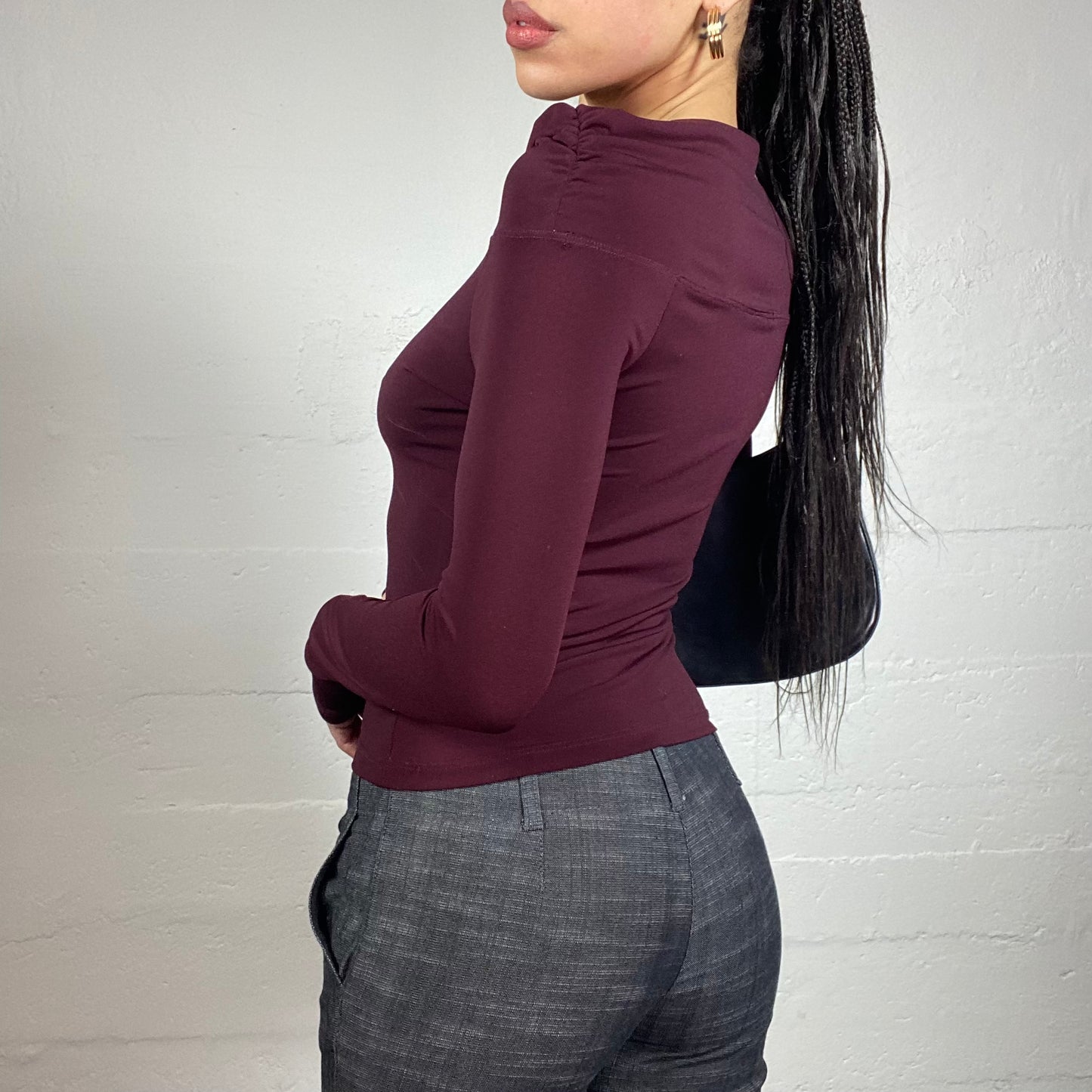 Vintage 2000's Downtown Girl Garnet Longsleeve Top with Drapped Neckline and Sequins Butterfly Detail (S)