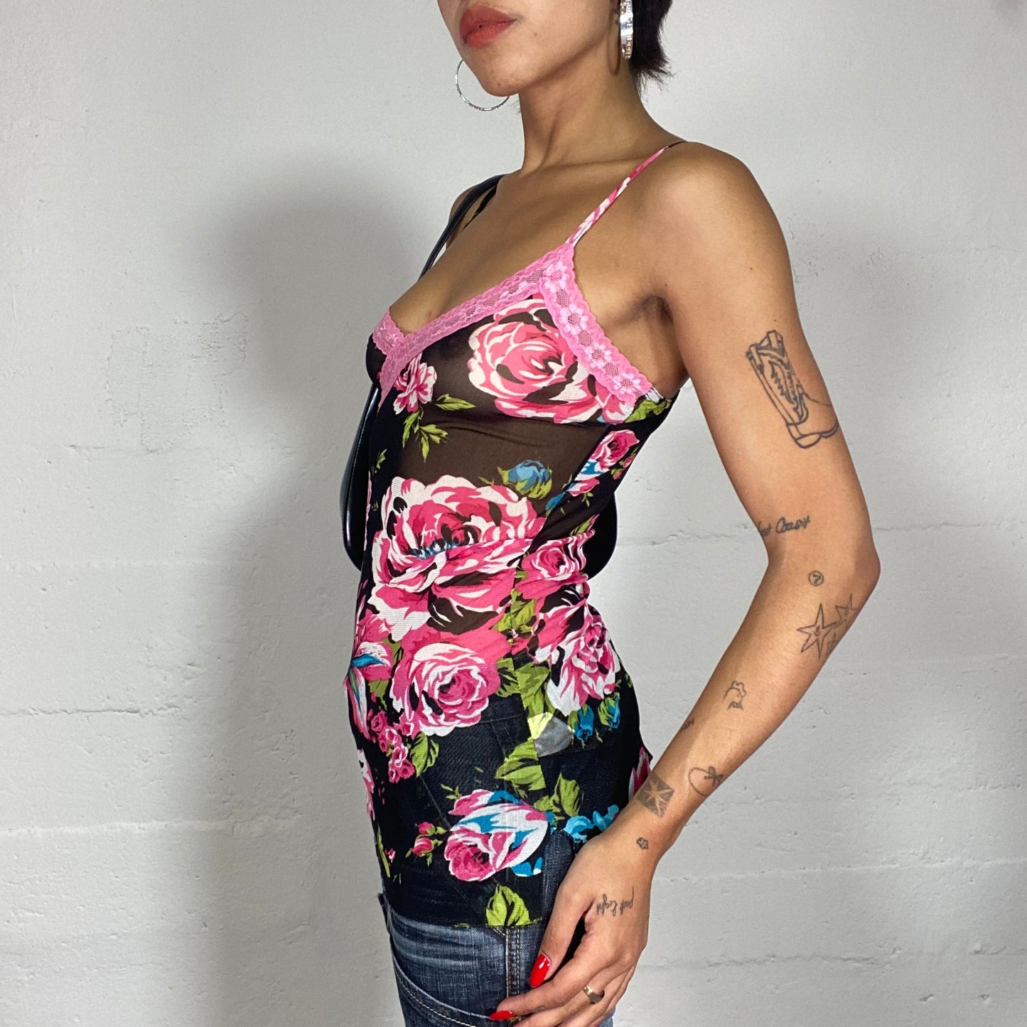 Vintage 2000's Summer Semi-Sheer Pink Top with Maxi Flower Print and Lace Trim Detail (S)