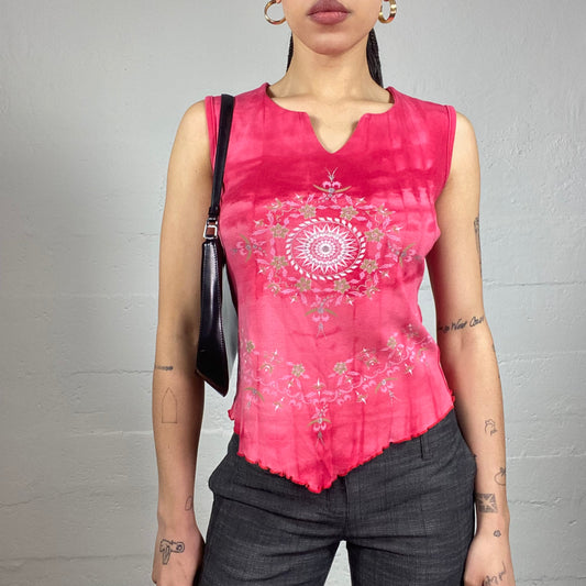 Vintage 2000's Downtown Girl Red Top with Tie Dye Print and White Mandala Detail (S)
