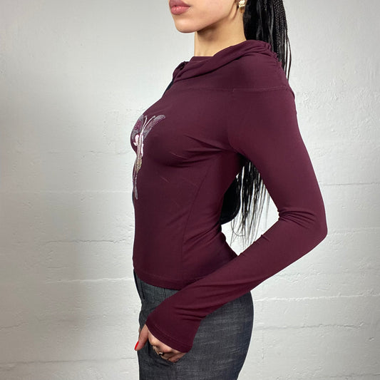 Vintage 2000's Downtown Girl Garnet Longsleeve Top with Drapped Neckline and Sequins Butterfly Detail (S)