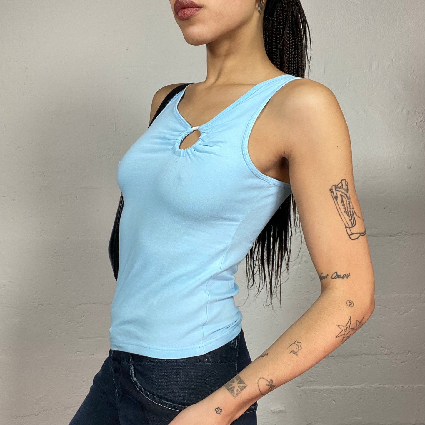 Vintage 90's Janice Baby Blue Asymmetric Neckline Top with Ring Detail (S)