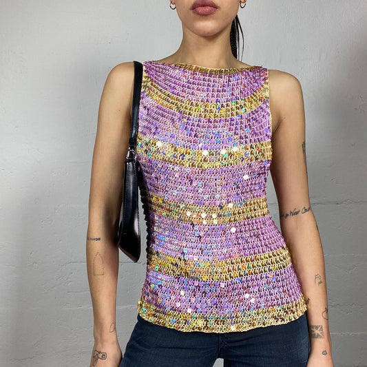 Vintage 2000's Jane Birkin Purple Crochet Top with Maxi Sequins and Yellow Lines Detail (S)