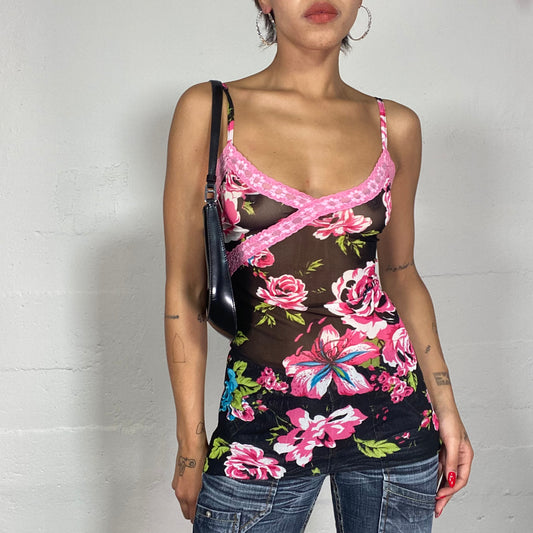 Vintage 2000's Summer Semi-Sheer Pink Top with Maxi Flower Print and Lace Trim Detail (S)