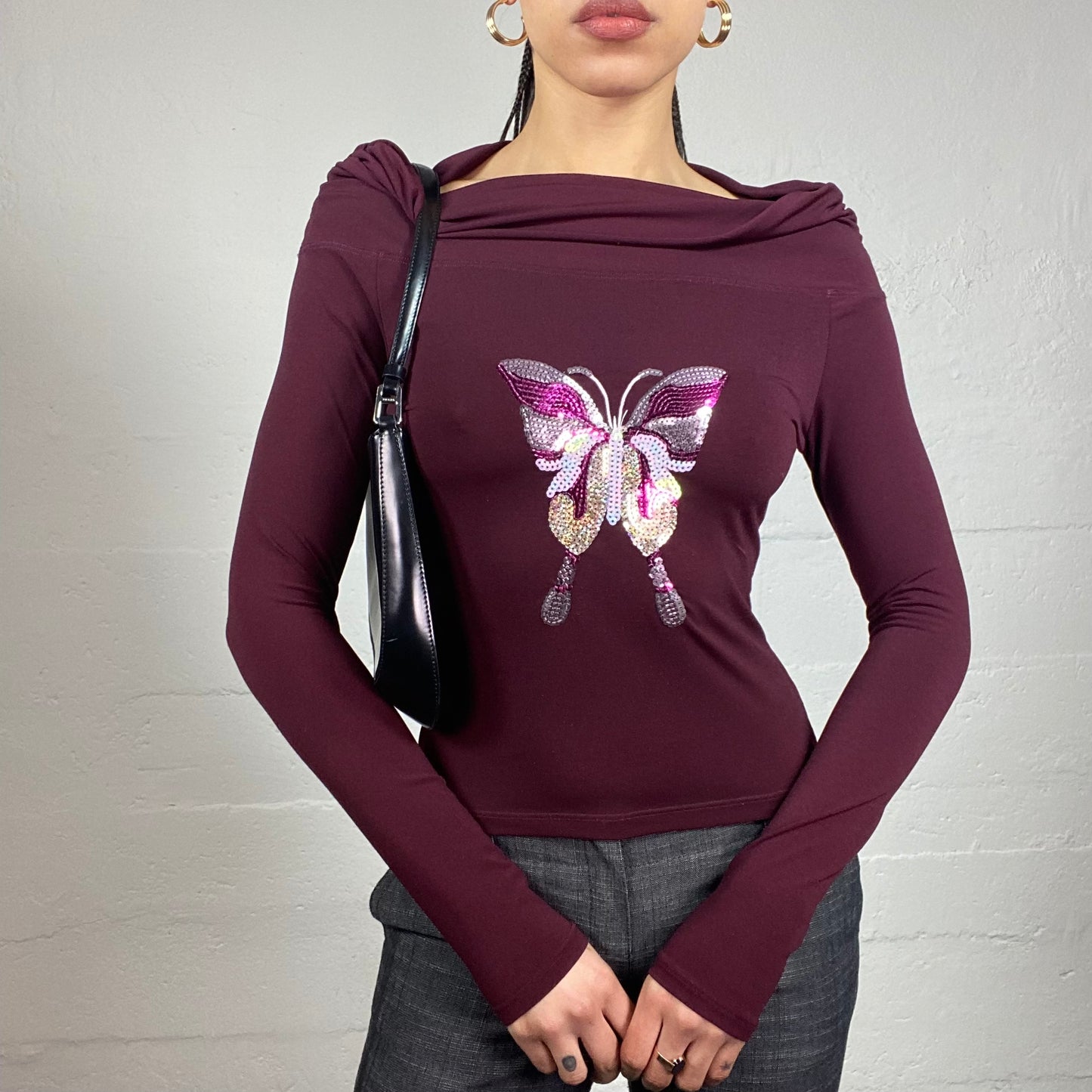 Vintage 2000's Downtown Girl Garnet Longsleeve Top with Drapped Neckline and Sequins Butterfly Detail (S)