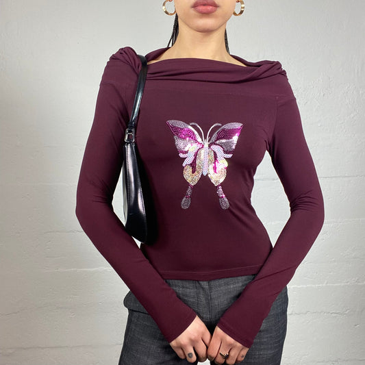 Vintage 2000's Downtown Girl Garnet Longsleeve Top with Drapped Neckline and Sequins Butterfly Detail (S)