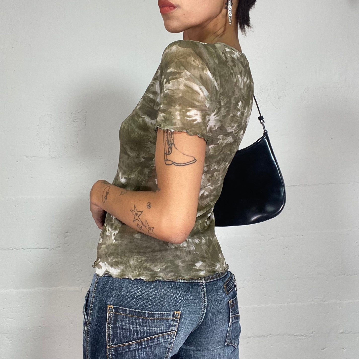 Vintage 90's Indie Girl Khaki Top with Tie Dye Print (S)