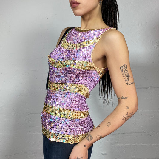 Vintage 2000's Jane Birkin Purple Crochet Top with Maxi Sequins and Yellow Lines Detail (S)