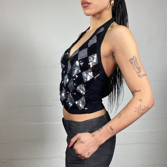 Vintage 2000's Festive Black Vest Top with Sequins Diamond Print Detail (M)