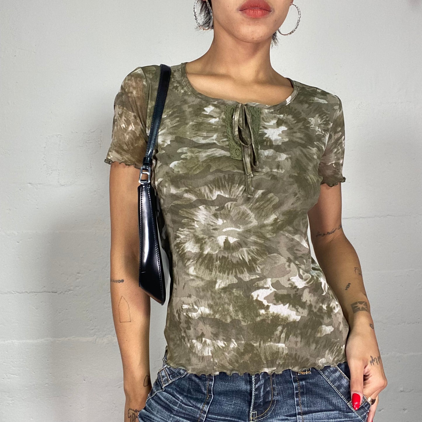 Vintage 90's Indie Girl Khaki Top with Tie Dye Print (S)