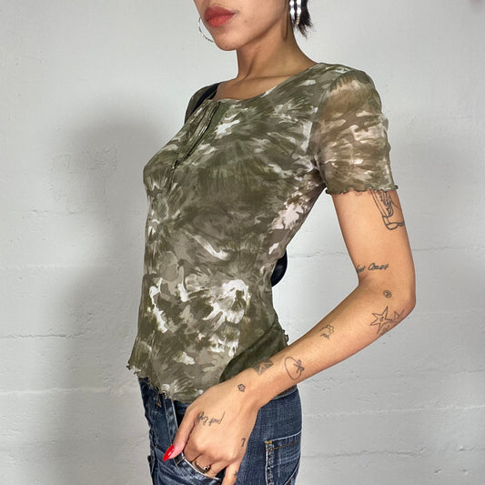 Vintage 90's Indie Girl Khaki Top with Tie Dye Print (S)