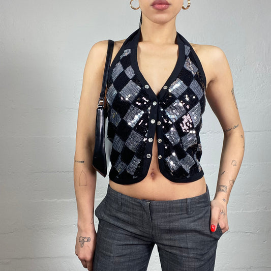 Vintage 2000's Festive Black Vest Top with Sequins Diamond Print Detail (M)