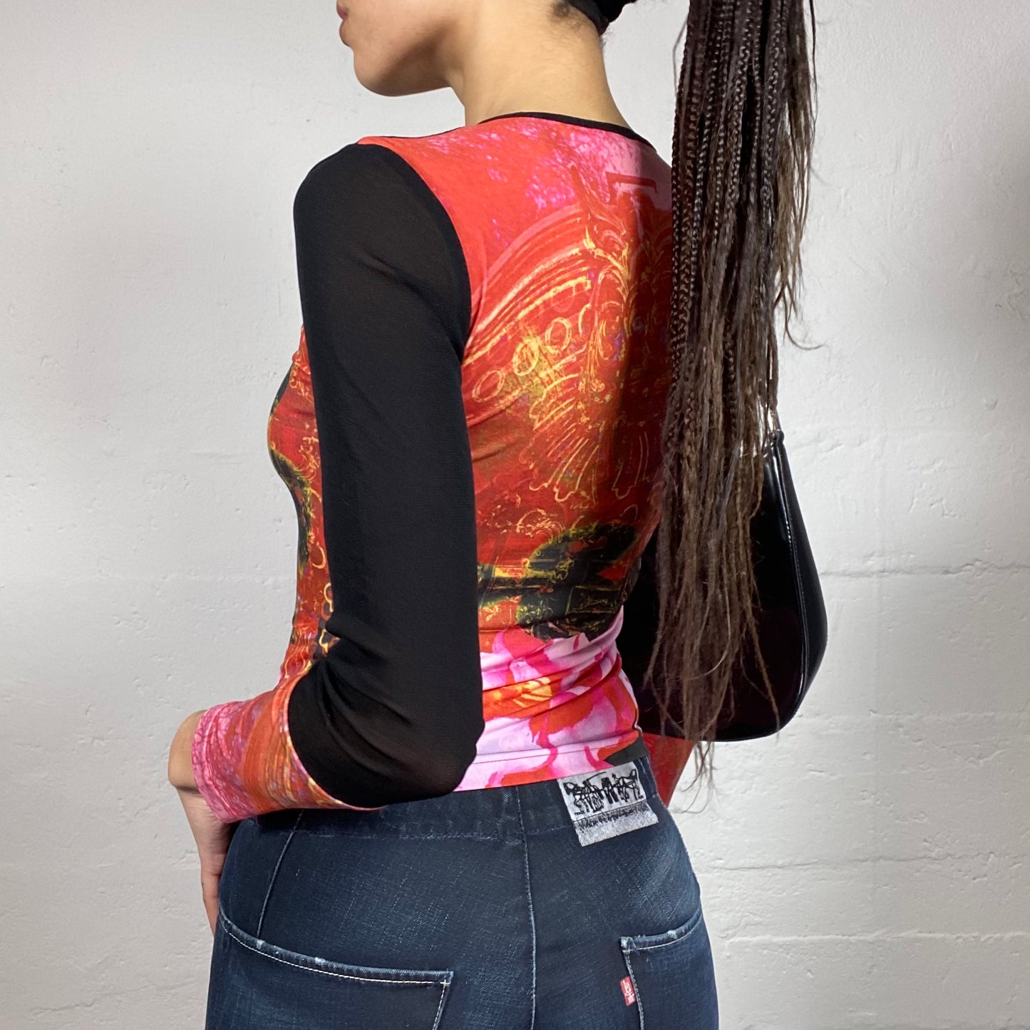 Vintage 2000's Archive Pink Longsleeve Top with Mesh Black Material and Hibiscus Maxi Print (S)