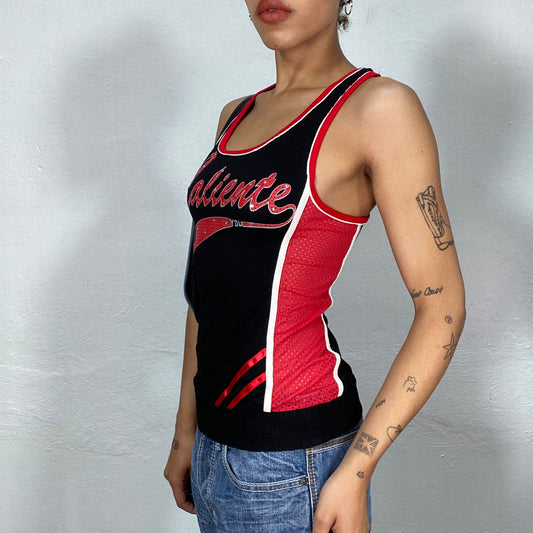 Vintage 2000's Basketball Black Tank Top with Red Trim and 'Caliente' Print (S)