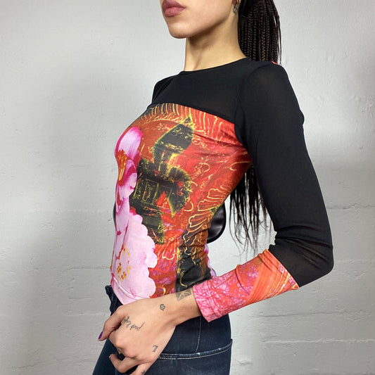 Vintage 2000's Archive Pink Longsleeve Top with Mesh Black Material and Hibiscus Maxi Print (S)