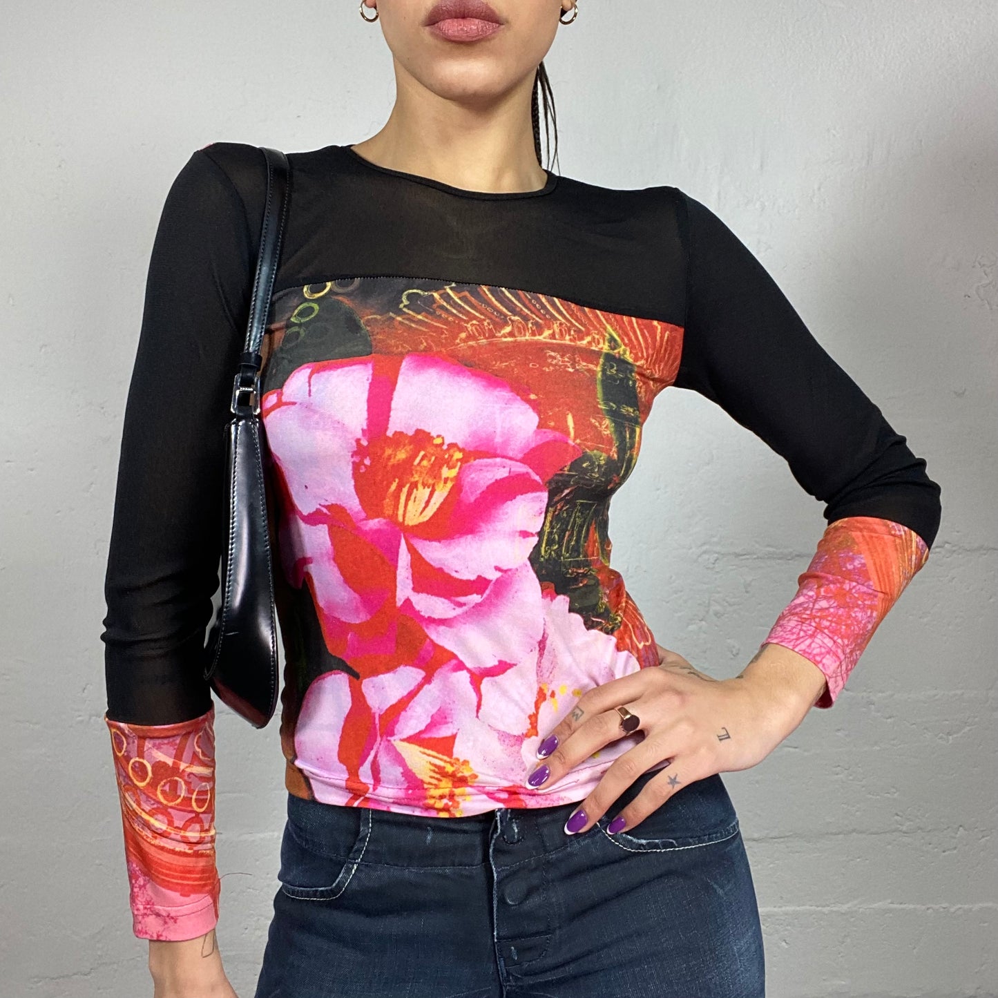 Vintage 2000's Archive Pink Longsleeve Top with Mesh Black Material and Hibiscus Maxi Print (S)