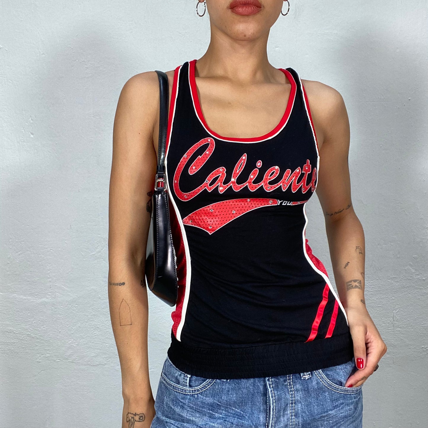 Vintage 2000's Basketball Black Tank Top with Red Trim and 'Caliente' Print (S)