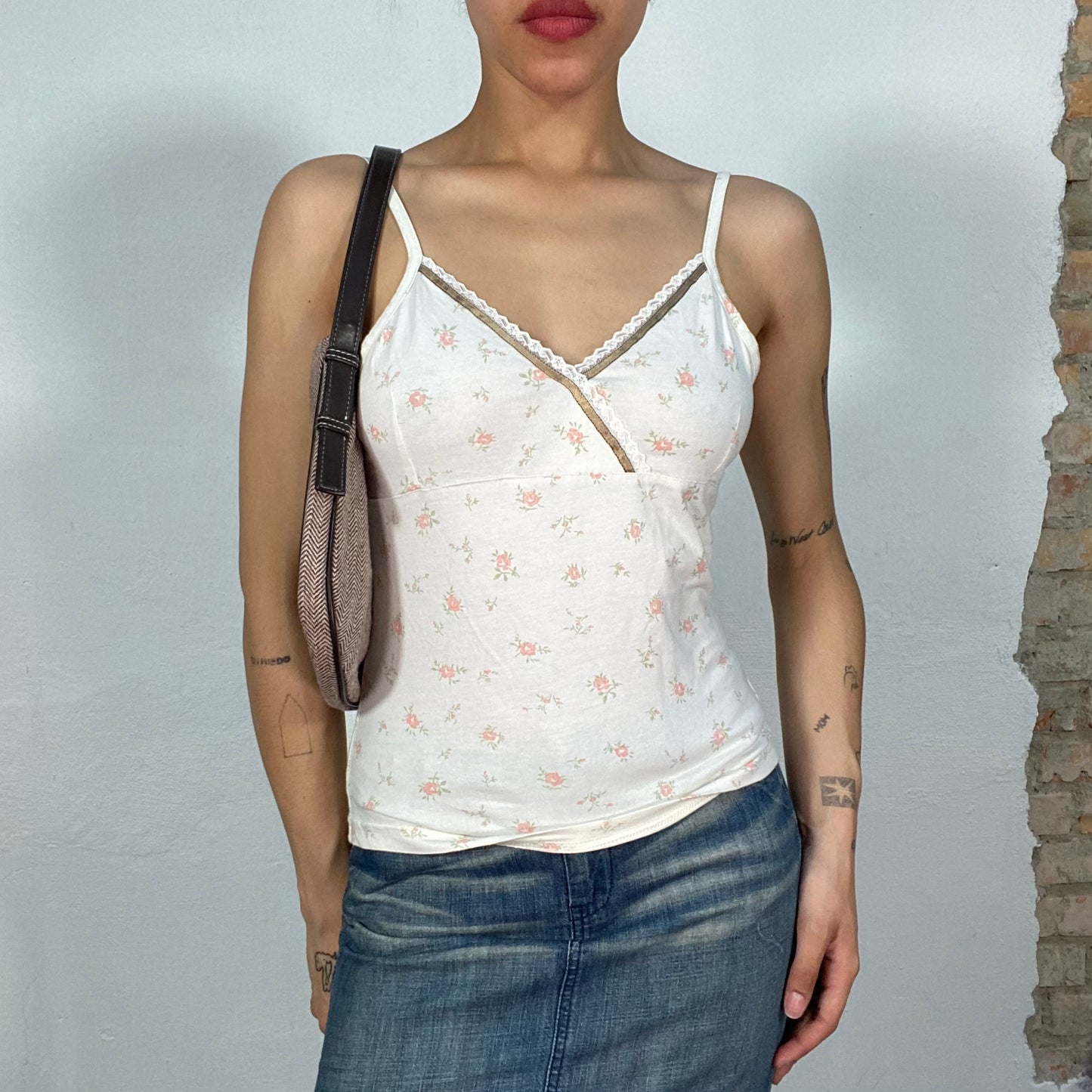 Vintage 90's Soft Girl White Cami Top with Small Flower Print (S/M)