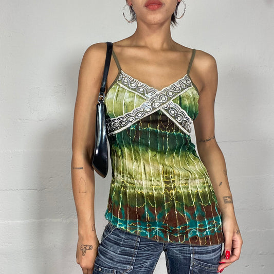 Vintage 90's Indie Girl Green and Blue Blouse with Ombré Tie Dye Print (S)