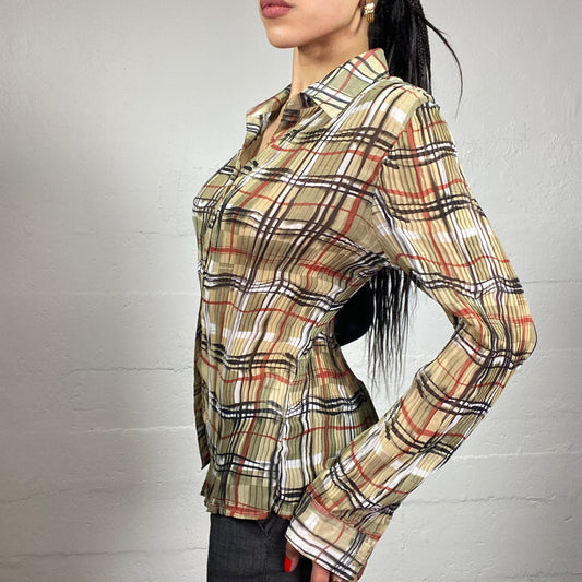 Vintage 90's English It Girl Brown Ruched Longsleeve Button Up Shirt with Checkered Print (M)