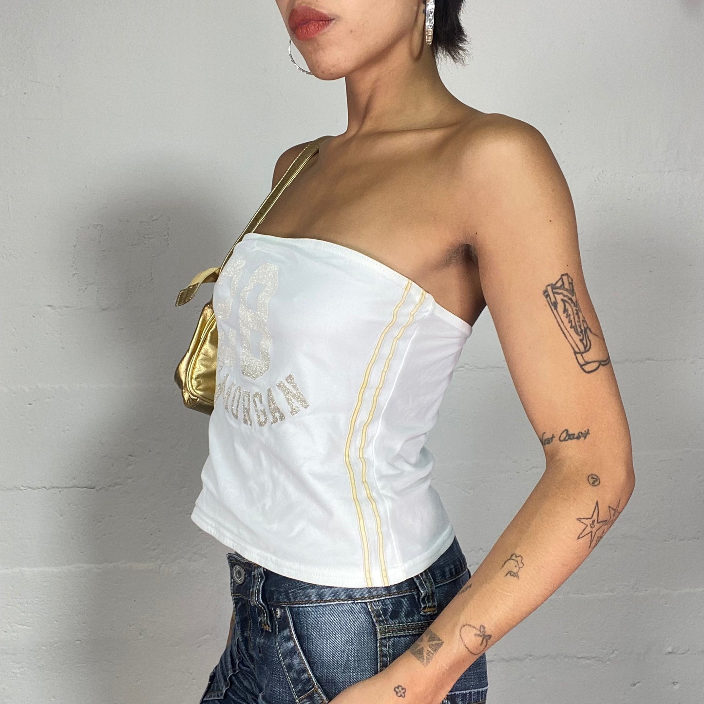 Vintage 2000's Morgan Downtown Girl White Strapless Top with Golden "28 Morgan" Print (S)