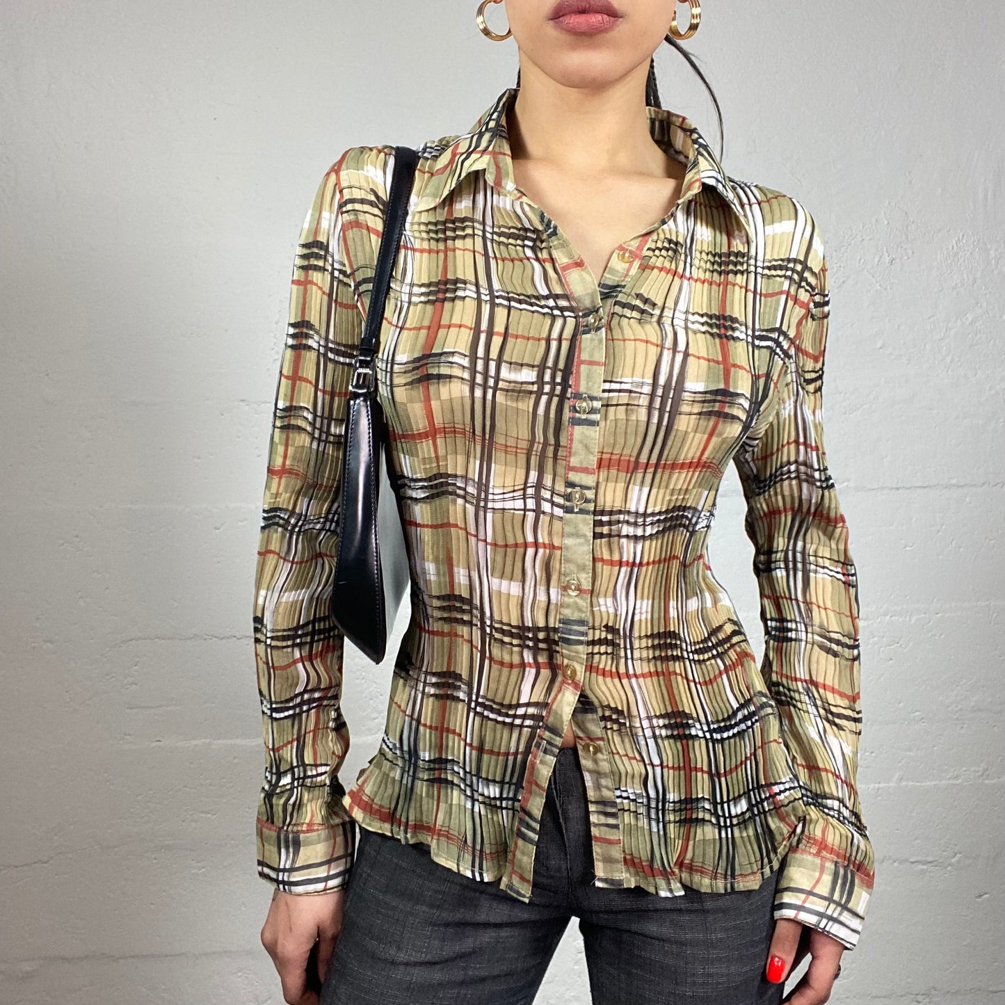 Vintage 90's English It Girl Brown Ruched Longsleeve Button Up Shirt with Checkered Print (M)