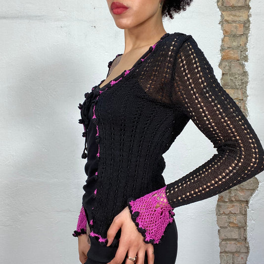 Vintage 2000's Ballet Core Black Knit Ribbed Bolero Top with Purple Details (S)