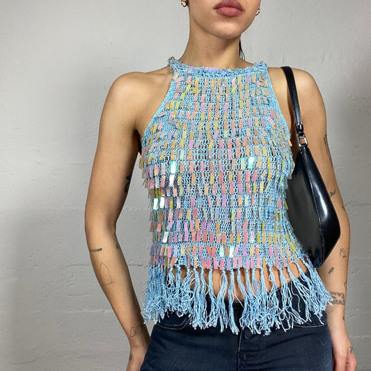 Vintage 2000's Jane Birkin Blue Crochet Top with Maxi Sequins Detail (S)