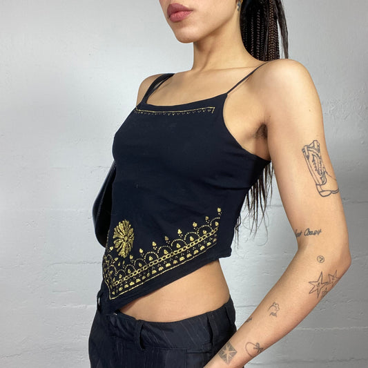 Vintage 2000's Boho Black Asymmetric Cut Top with Golden Ethnic Print (M)