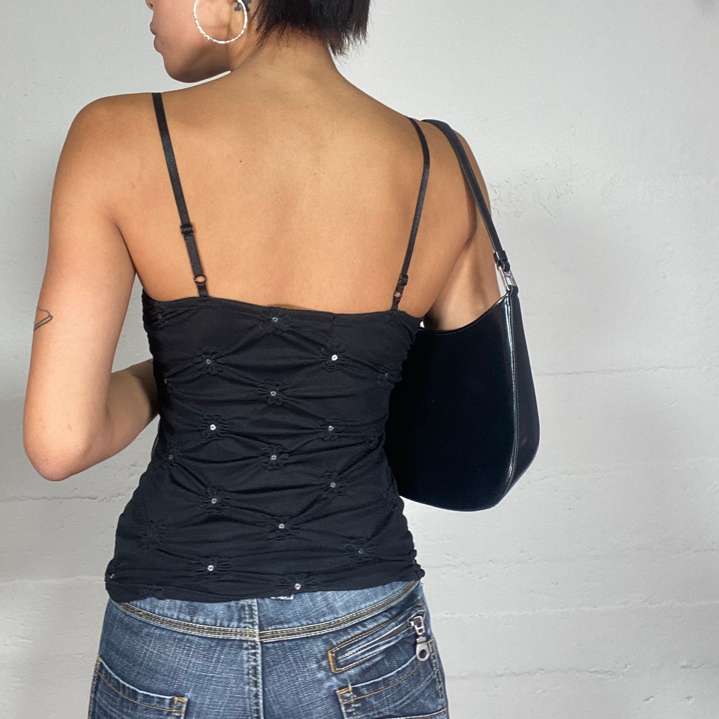 Vintage 2000's Clubwear Black Cami Top Floral Embroidery and Rhinestone Details (S)