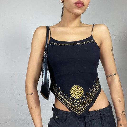 Vintage 2000's Boho Black Asymmetric Cut Top with Golden Ethnic Print (M)