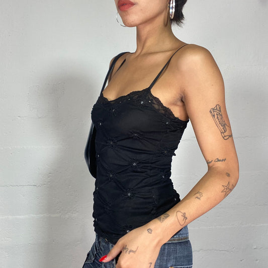 Vintage 2000's Clubwear Black Cami Top Floral Embroidery and Rhinestone Details (S)
