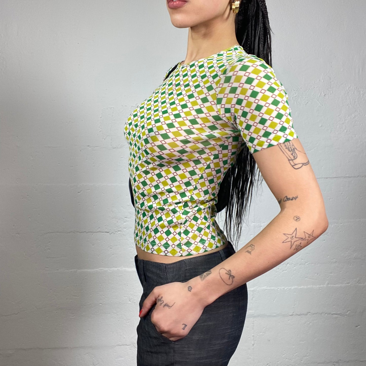 Vintage 90's Funky Green Top with Diamond Covering Contrast Print (S)