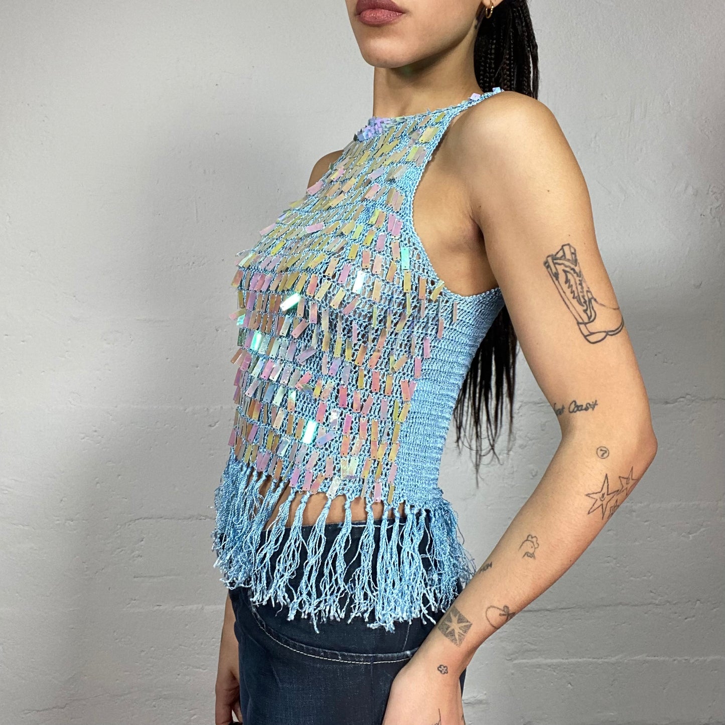 Vintage 2000's Jane Birkin Blue Crochet Top with Maxi Sequins Detail (S)