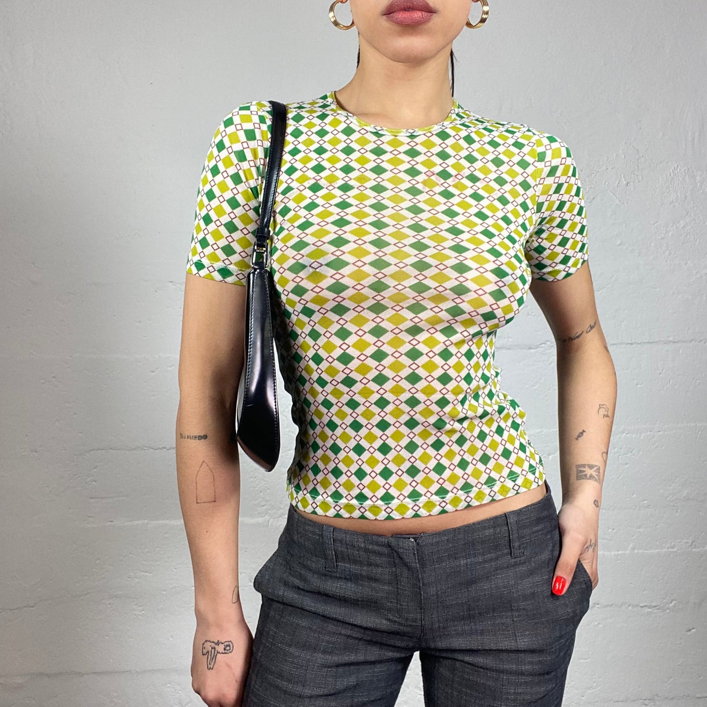 Vintage 90's Funky Green Top with Diamond Covering Contrast Print (S)