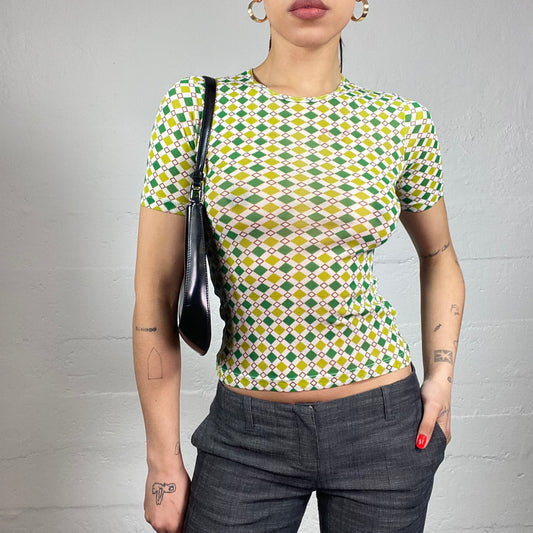 Vintage 90's Funky Green Top with Diamond Covering Contrast Print (S)