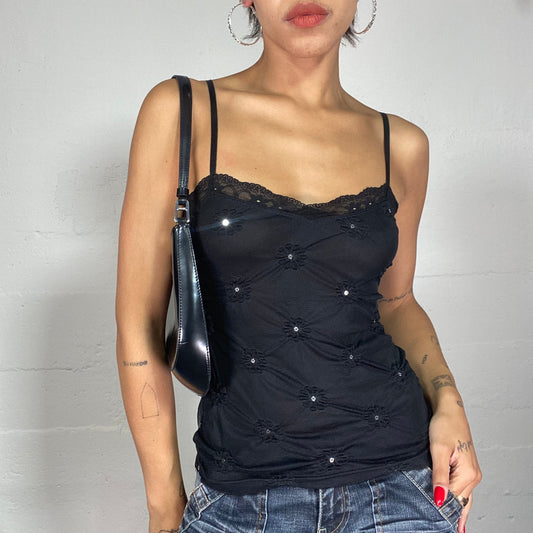 Vintage 2000's Clubwear Black Cami Top Floral Embroidery and Rhinestone Details (S)