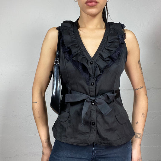 Vintage 90's Morgan Romantic Girl Black Vest top with Satin Material and Frilled Collar (M)