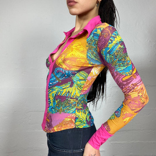 Vintage 90's Janice Fuchsia Longsleeve Shirt with Butterflies and Sunrise Patched Print (S)