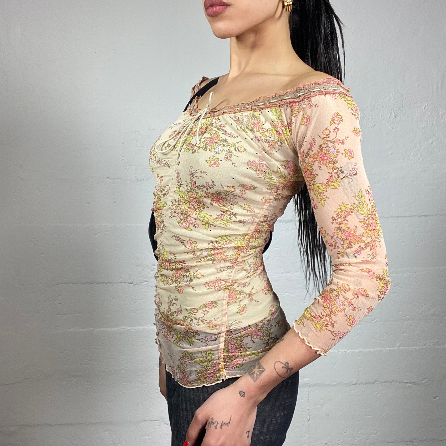 Vintage 2000's Soft Girl Beige Off Shoulder See Through Top with Delicate Floral Print (S)