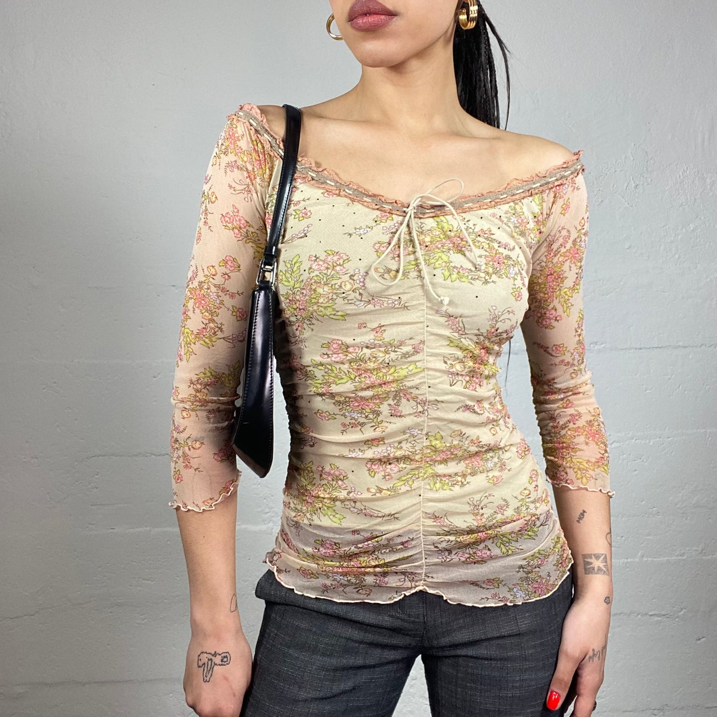 Vintage 2000's Soft Girl Beige Off Shoulder See Through Top with Delicate Floral Print (S)