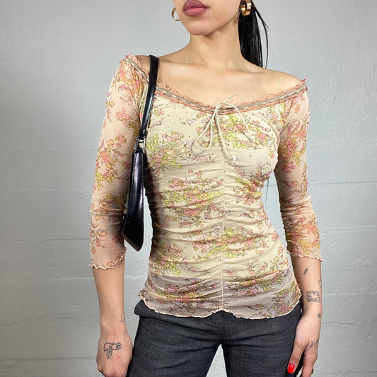 Vintage 2000's Soft Girl Beige Off Shoulder See Through Top with Delicate Floral Print (S)