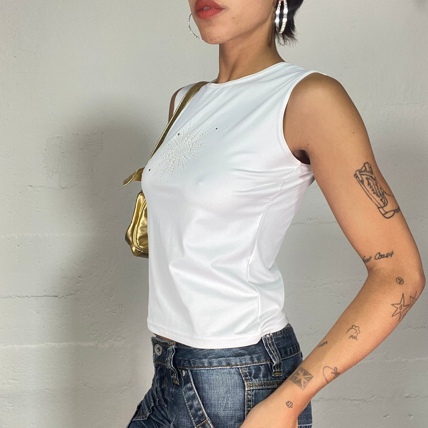Vintage 2000's Downtown Girl White Top with Shining Star Print (S)
