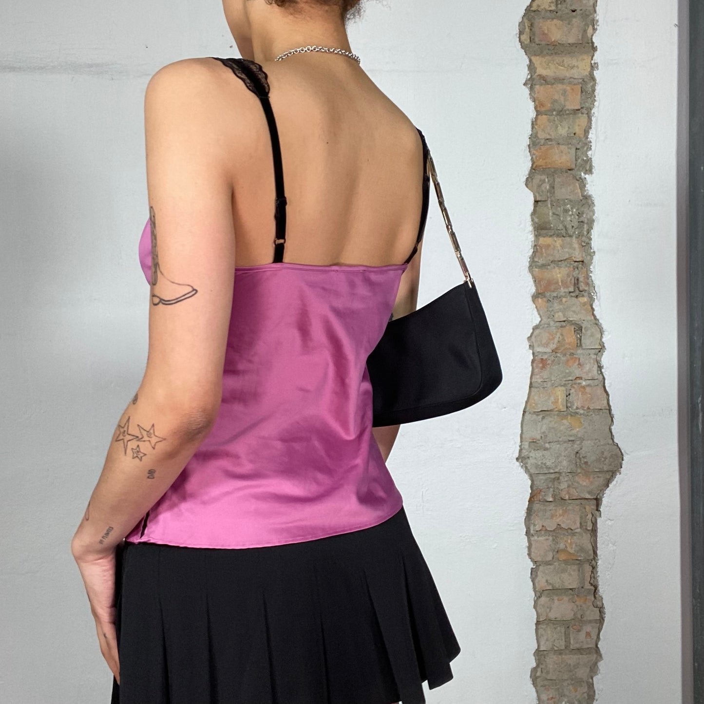 Vintage 2000's Downtown Girl Magenta Cami Top with Black Lace (S)