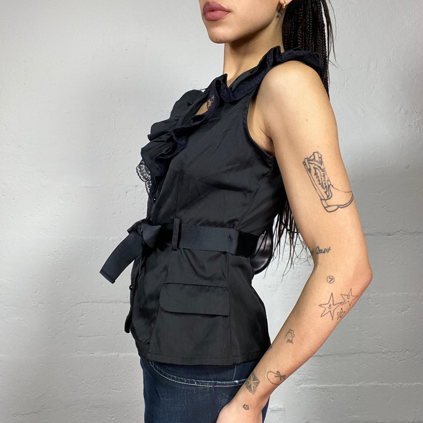 Vintage 90's Morgan Romantic Girl Black Vest top with Satin Material and Frilled Collar (M)